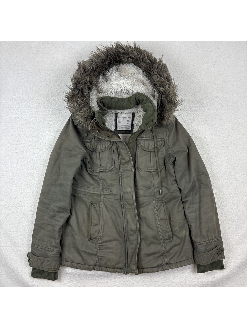 Vintage Aeropostale Faux Fur Lined Jacket Women’s Medium Hooded Green Y2K